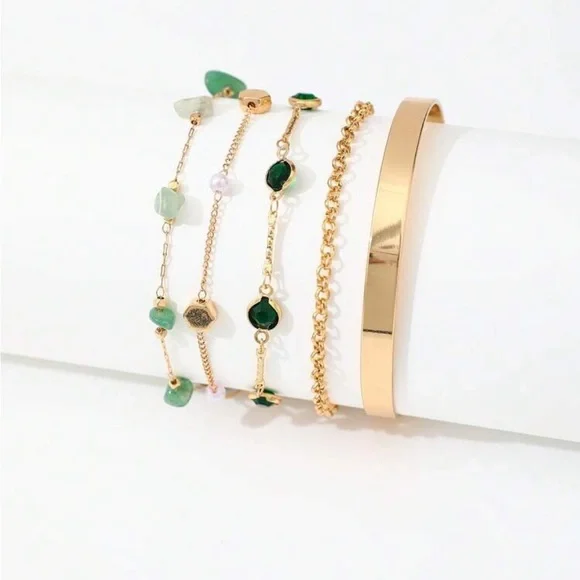 Gold Layered Bracelet Set with Green Accents - Picture 2 of 4